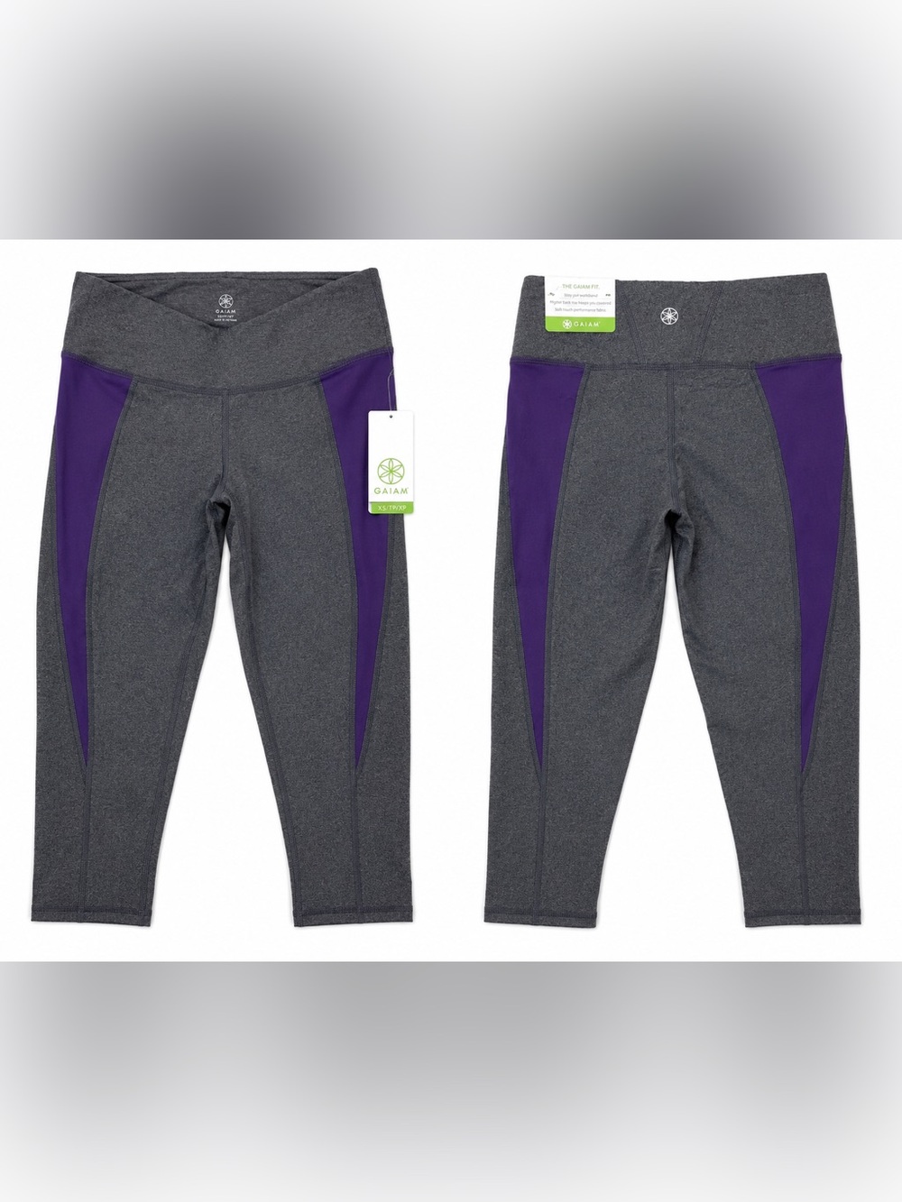 NWT Activewear Capri Leggings Gray Purple Panels - XS